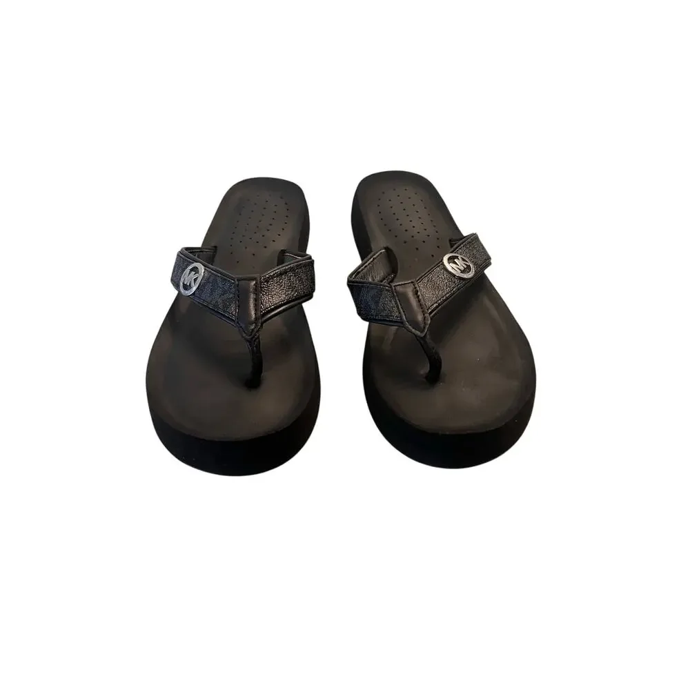 Michael Kors Woman's 8 Monogram Black Wedge Flip Flop Comfort Sandals